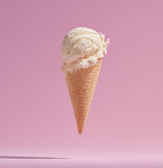 A single scoop of ice cream atop a wafer cone, floating on a soft pink background