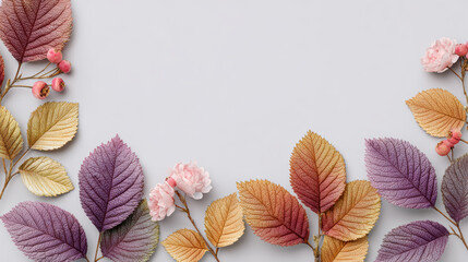 Serene autumn flat lay background with colorful leaf and floral border decoration. This beautiful seasonal composition provides ample copy space for design or text