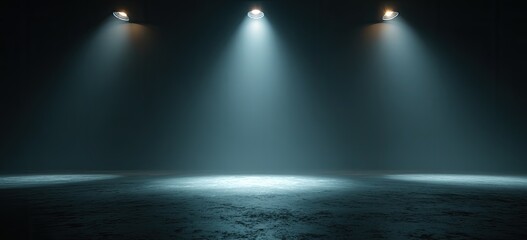 Three spotlights illuminating a dark, dusty stage