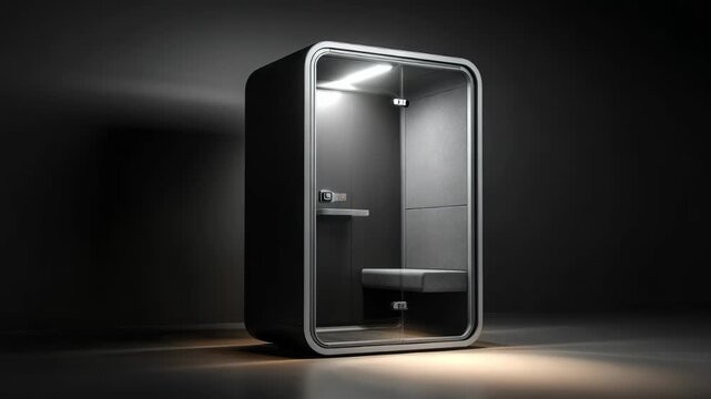Medium shot of a sleek individual soundproof pod featuring a sealed design and adjustable lighting for discreet communications.