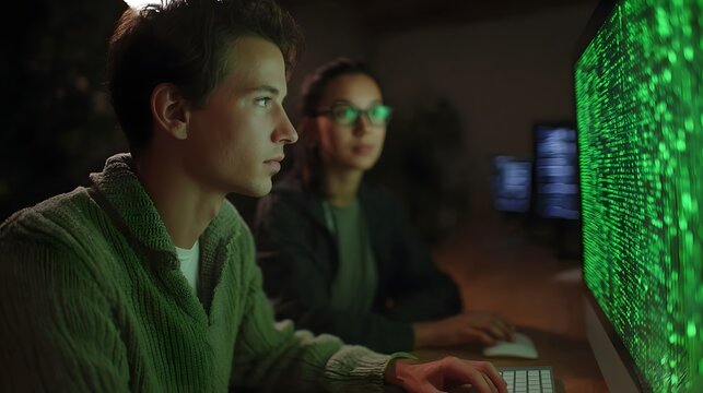 Two people working on a computer screen displaying green digital code in a dark room - Powered by Adobe