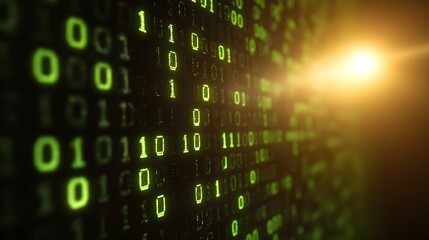 A wall of glowing green binary code flows across a dark screen illuminated by a bright warm flare