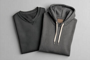 Cozy gray sweatshirt and hoodie, pair of warm cotton clothing items folded in flat lay. Casual apparel offering comfort and style for minimalist wardrobe