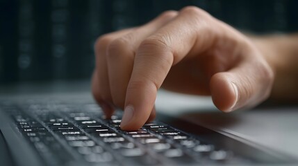 Fototapeta premium Close up of a person s hand typing on a modern laptop keyboard with a blurred background