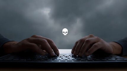 Fingers typing on a keyboard under a dark stormy sky with a prominent skull icon symbolizing digital danger