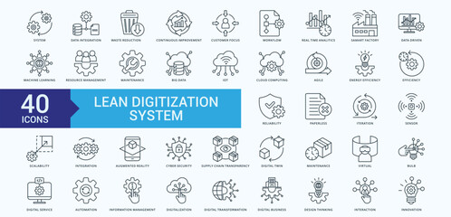 Lean Digitization System icon pack illustration Vector with system, data integration, waste reduction, continuous improvement, customer focus, workflow, real time analytics, smart factory, data driven