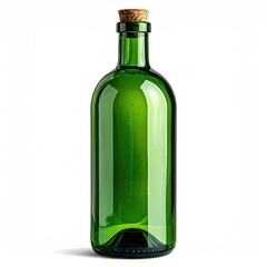 Emerald green glass bottle with cork stopper, against white background