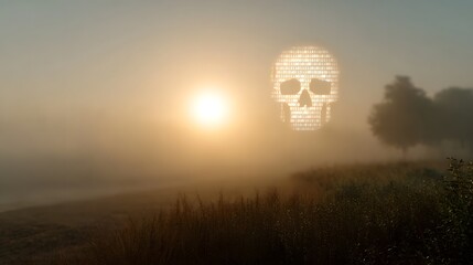 A translucent skull formed from glowing binary code materializes within a serene fog laden landscape at sunrise evoking digital danger and