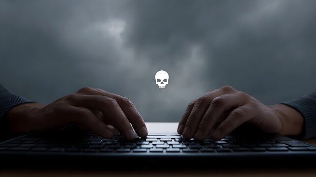 Fingers typing on a keyboard under a dark stormy sky with a prominent skull icon symbolizing digital danger - Powered by Adobe