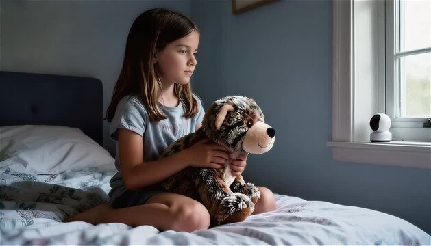 Una niña en su habitación jugando mientras un pequeño punto de luz roja de una cámara la sigue