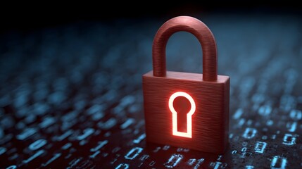 A glowing red padlock with a keyhole is superimposed over a dark background filled with blue binary code symbolizing digital security