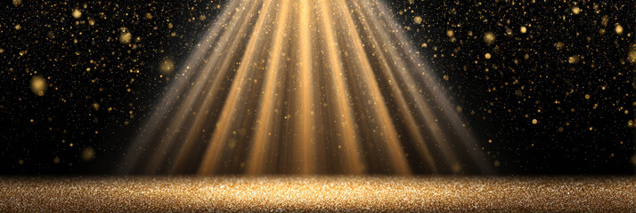Brilliant gold spotlight with light beams shining down on an empty stage. dark background has sparkling glitter, perfect for an award ceremony or glamorous presentation