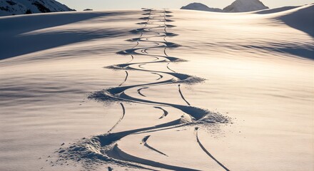 Ski Tracks Carved Through Deep Fresh Powder Snow on a Sunny Mountain Slope Creating Winding Zigzag Pattern Downhill in Remote Wilderness