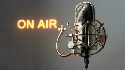 Professional studio condenser microphone stands ready for broadcast next to a glowing orange neon sign indicating the program is live on air