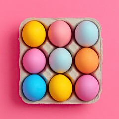 Fototapeta premium Top-down shot of a cardboard egg carton holding nine vibrantly colored Easter eggs on pink