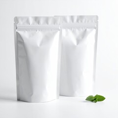Two white, blank pouch bags stand upright with fresh mint sprigs