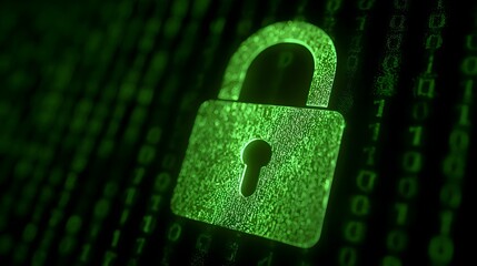 Green digital padlock on a background of binary code symbolizing cybersecurity and data privacy