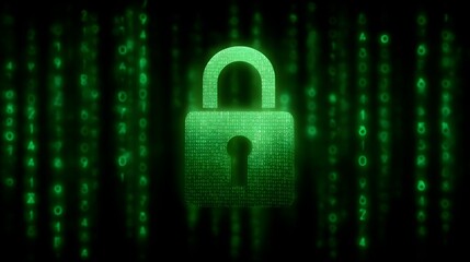 Digital padlock icon made of binary code in green symbolizing cybersecurity and data protection