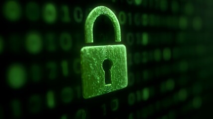 A glowing green padlock hovers against a background of blurry binary code symbolizing digital security and data protection