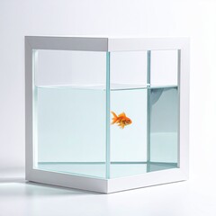 A single goldfish swims in a modern, cuboid glass aquarium