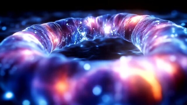 Abstract glowing torus shape with cosmic particles and bokeh effect.