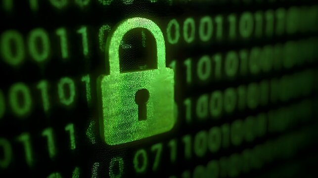 A secure digital lock icon glowing green against a backdrop of binary computer code signifies data protection and online security - Powered by Adobe