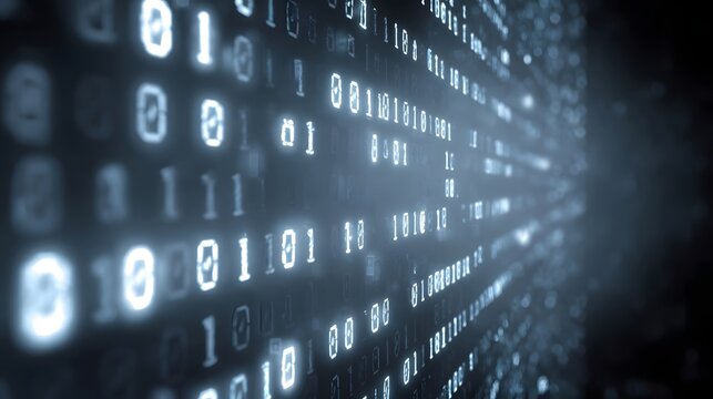 Abstract glowing binary code streams in a perspective view representing digital data and technology concepts - Powered by Adobe