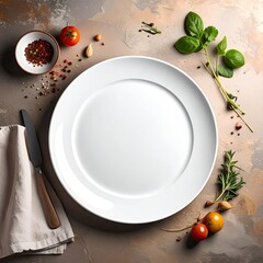 Overhead view White plate surrounded by fresh ingredients for cooking