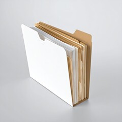 Stack of paper files in white and brown folders, on gray surface