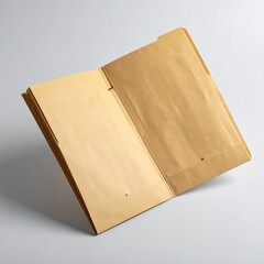 Tan file folder opened, showing interior pockets and metal clasps