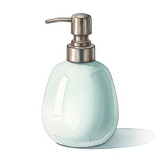 Obraz premium Watercolor illustration depicts a rounded, pale blue dispenser bottle with a metallic pump mechanism