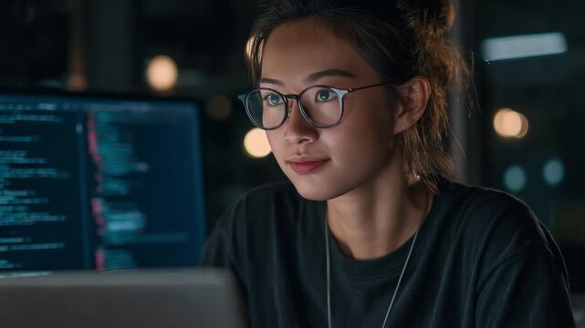 Asian female AI startup engineer smiling while debugging neural pipeline on laptop.