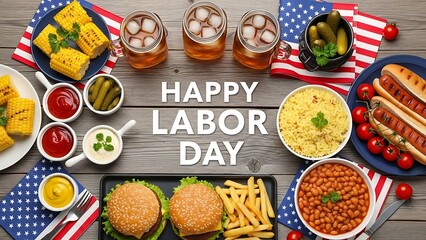 Festive Labor Day Picnic Spread with Burgers, Hot Dogs, and American Flag Decor