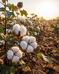 Several cotton bolls in a cotton field in the rays of the setting sun. Concept of agriculture and organic products.