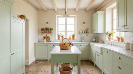 Fototapeta premium Elegant Provence-style kitchen interior in soft pastel tones featuring natural wood, exposed ceiling beams.