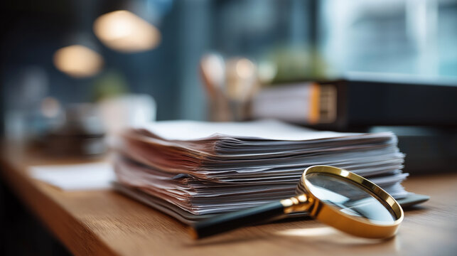 Document audit and verification concept heavily defocused business background compliance assessment representation corporate quality control legal documentation review
