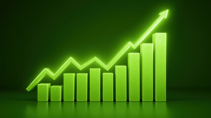 Green business and finance chart with glowing arrow shows successful growth and progress. This optimistic graph illustrates positive upward increase and investment gain