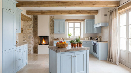 Fototapeta premium Elegant Provence-style kitchen interior in soft pastel tones featuring natural wood, exposed ceiling beams.
