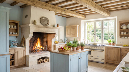 Fototapeta premium Elegant Provence-style kitchen interior in soft pastel tones featuring natural wood, exposed ceiling beams, and a traditional fireplace.