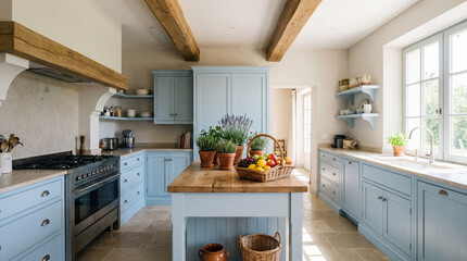 Fototapeta premium Elegant Provence-style kitchen interior in soft pastel tones featuring natural wood, exposed ceiling beams.