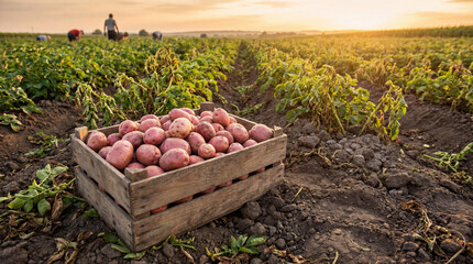  Ripe potatoes harvest growing on a potato agriculture field, with potato bushes into the background.