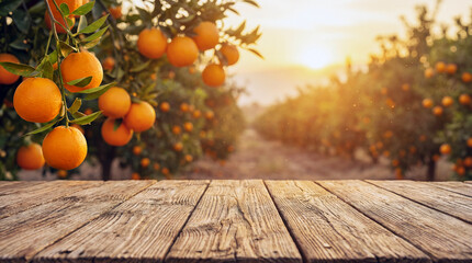Empty wooden tabletop against the backdrop of rows of orange orchard trees with ripe orange fruits in soft evening backlighting.