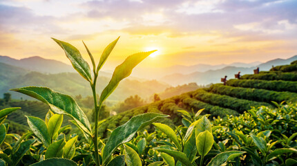  Large green leaves of tea bushes. In the background, lush tea plantations stretch across rolling hills at sunrise, with tea pickers working among the green tea fields.