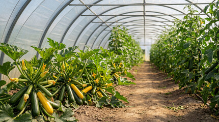  Ripe zuccini growing on plants inside a greenhouse, with neat rows of zuccini bushes stretching into the background. A wooden crate filled with freshly harvested zuccini rests on the soil.