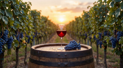 Fototapeta premium Glass of red wine and a cluster of red grapes of stand on an old oak barrel against the backdrop of vineyards in the evening sunset.