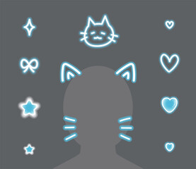 Blue Neon Cat Ears and Whiskers Doodle Set
