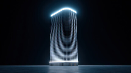 Awe inspiring futuristic building, glowing neon skyscraper with modern digital architecture. This powerful vision of technology and light illuminates dark night sky