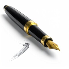 Elegant black and gold fountain pen with a stroke of ink on white
