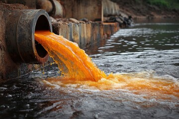 Industrial pipe discharging orange wastewater into a river, showcasing environmental pollution and its impact on aquatic ecosystems, highlighting urgent ecological concerns