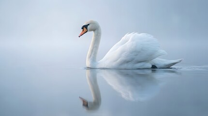 Fototapeta premium Elegant White Swan Swimming on Calm Misty Lake Graceful Mute Swan Reflection Serene Water Bird